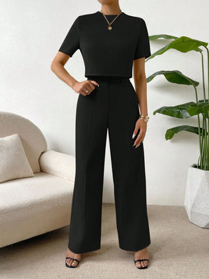 SHEIN Essnce Solid Tee & Wide Leg Pants - Negative Apparel