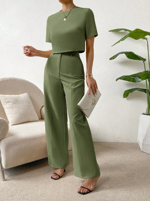 SHEIN Essnce Solid Tee & Wide Leg Pants - Negative Apparel