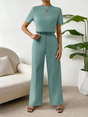 SHEIN Essnce Solid Tee & Wide Leg Pants - Negative Apparel