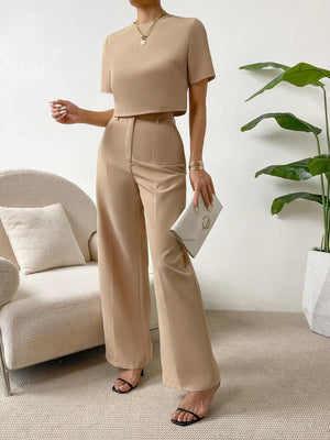 SHEIN Essnce Solid Tee & Wide Leg Pants - Negative Apparel