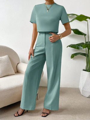 SHEIN Essnce Solid Tee & Wide Leg Pants - Negative Apparel