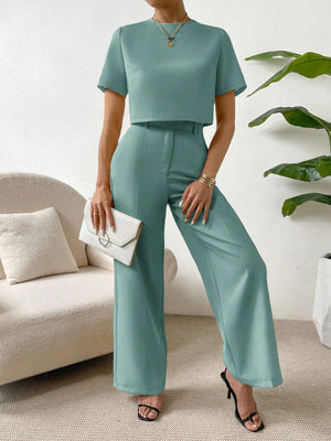 SHEIN Essnce Solid Tee & Wide Leg Pants - Negative Apparel