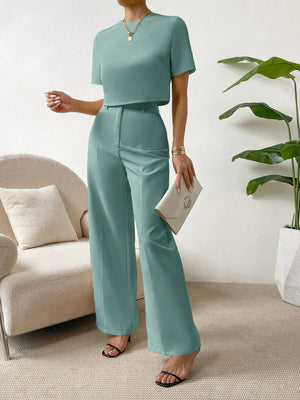 SHEIN Essnce Solid Tee & Wide Leg Pants - Negative Apparel