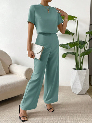 SHEIN Essnce Solid Tee & Wide Leg Pants - Negative Apparel