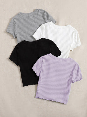 SHEIN EZwear 4pcs Lettuce Trim Rib Knit Tee - Negative Apparel