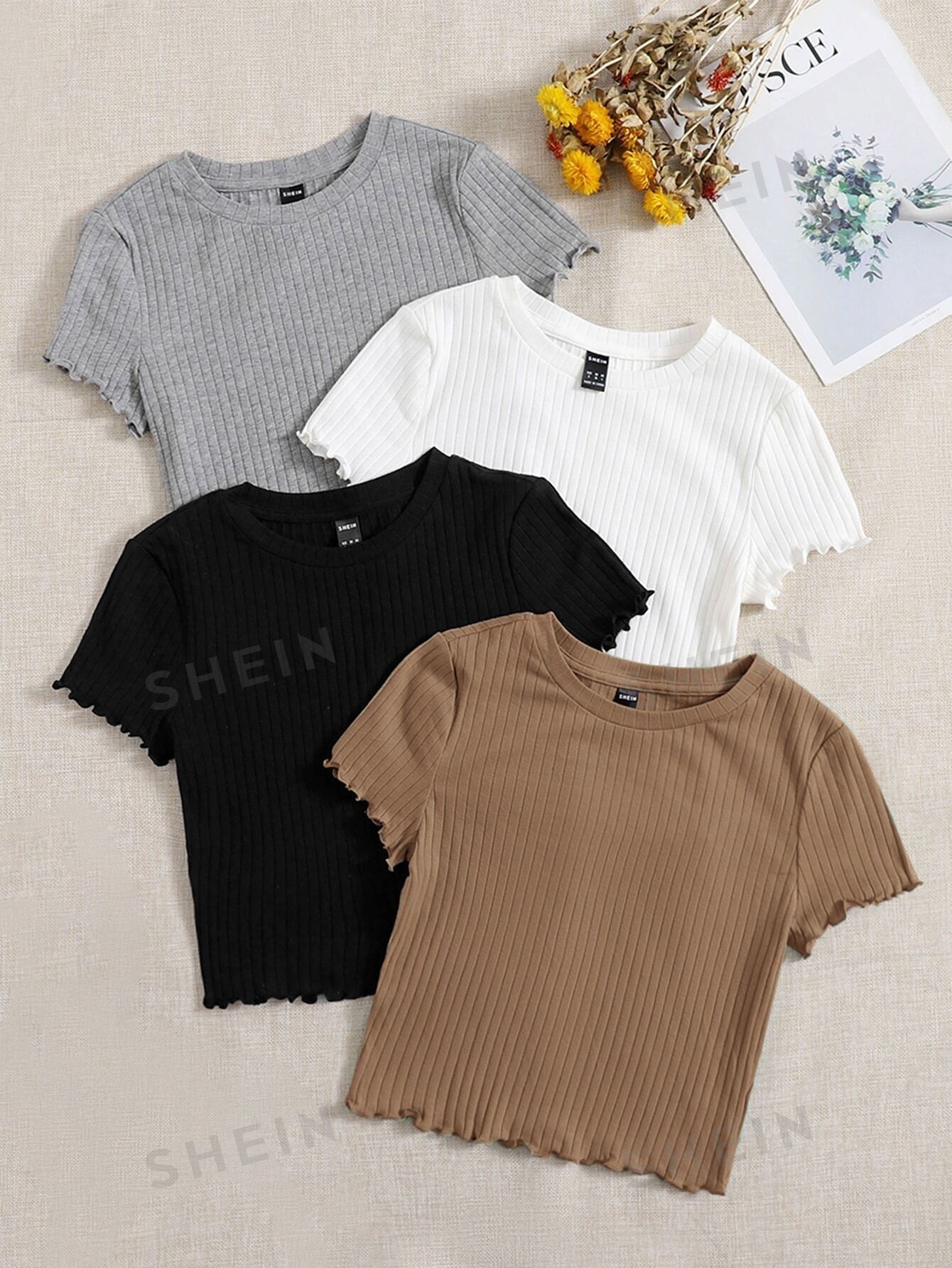 SHEIN EZwear 4pcs Lettuce Trim Rib Knit Tee - Negative Apparel