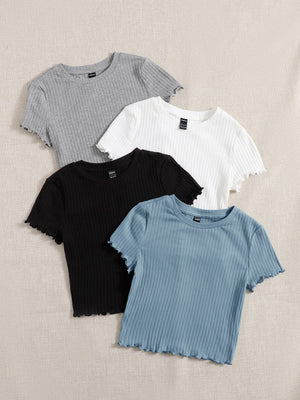 SHEIN EZwear 4pcs Lettuce Trim Rib Knit Tee - Negative Apparel