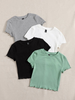 SHEIN EZwear 4pcs Lettuce Trim Rib Knit Tee - Negative Apparel
