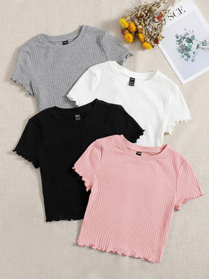 SHEIN EZwear 4pcs Lettuce Trim Rib Knit Tee - Negative Apparel
