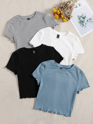 SHEIN EZwear 4pcs Lettuce Trim Rib Knit Tee - Negative Apparel