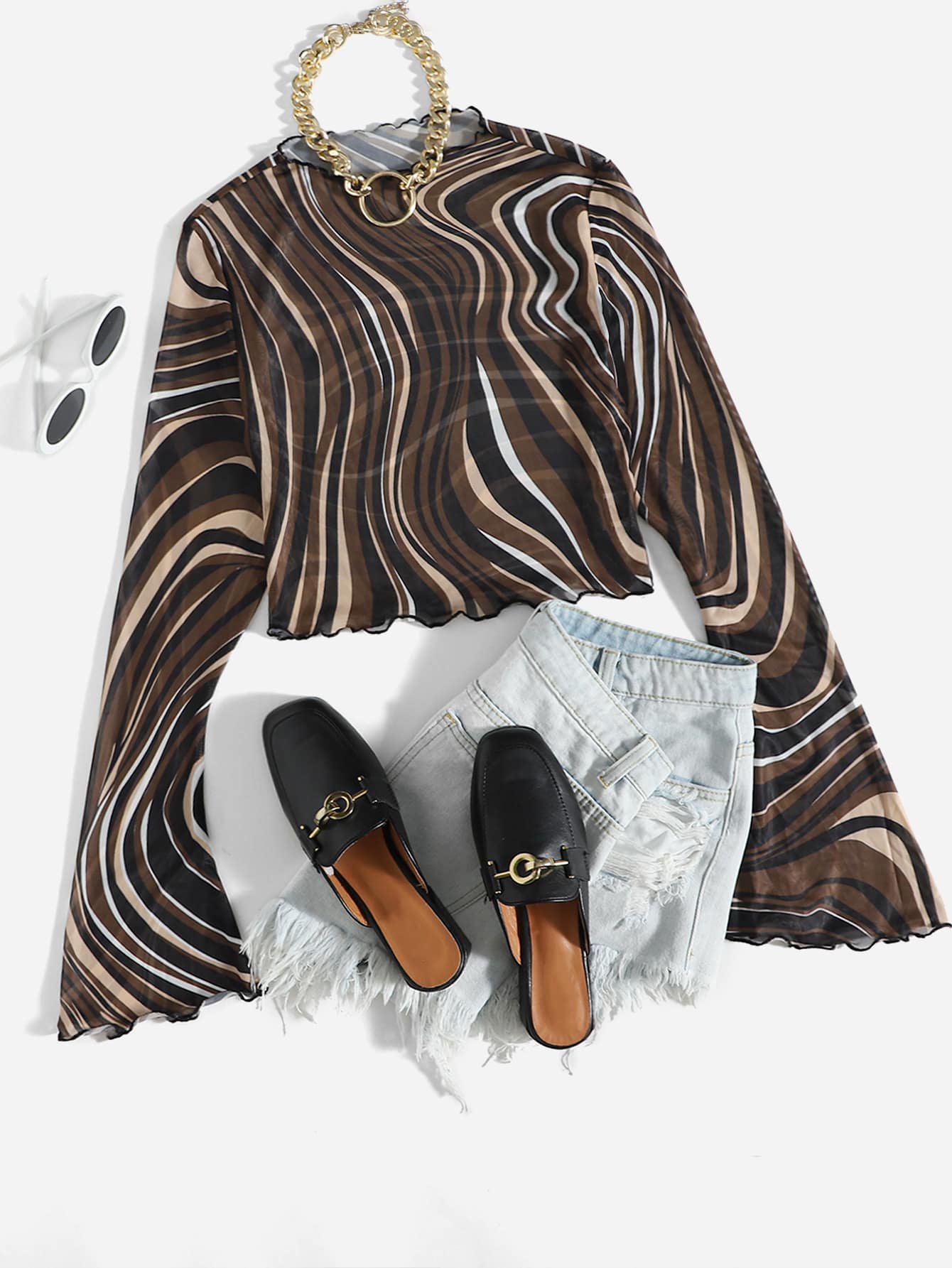 SHEIN EZwear Allover Print Flounce Sleeve Mesh Top FD - Negative Apparel