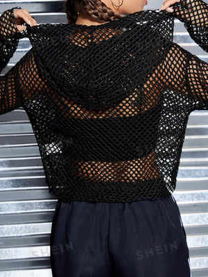 SHEIN EZwear Hollow Off-Shoulder Fishnet Hooded Cropped Top (Camisole Not Included) - Negative Apparel