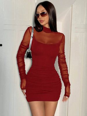 SHEIN EZwear Red Mesh Spaghetti Strap 2 - in - 1 Dress - Negative Apparel