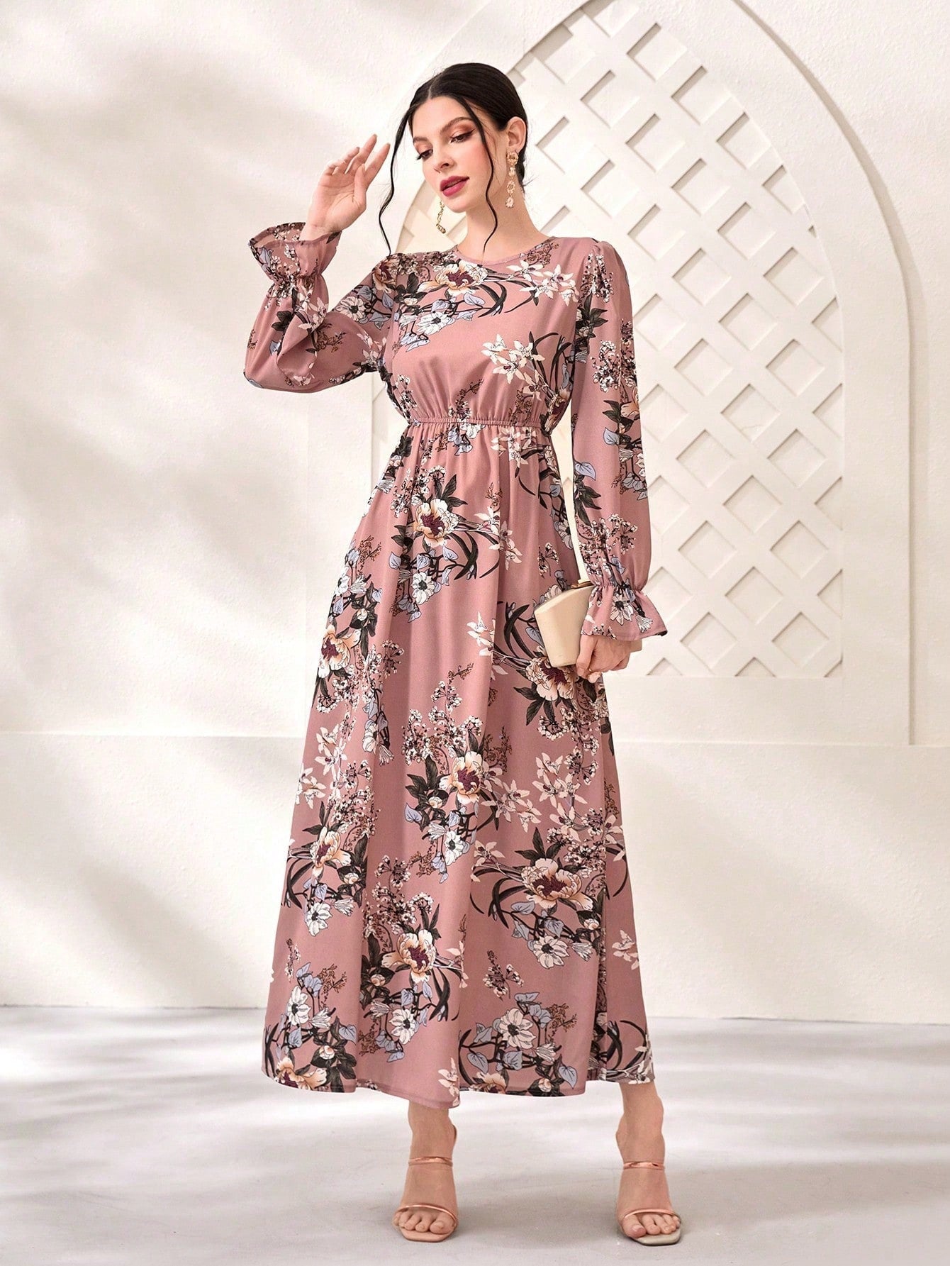 SHEIN Floral Print Flare Sleeve Dress - Negative Apparel