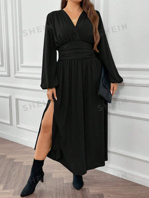 SHEIN Frenchy Plus Size Women's Pleated High Side Split Dress - Negative Apparel