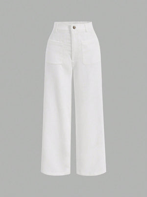 SHEIN High Waist Button Detail Straight Leg Pants - Negative Apparel