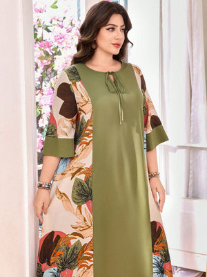 SHEIN Lacomfia Women Plus Size Loose Tie - Waist Arabic Patchwork 3/4 Sleeve Casual Dress Women Summer Dresses Women Maxi Dresses - Negative Apparel