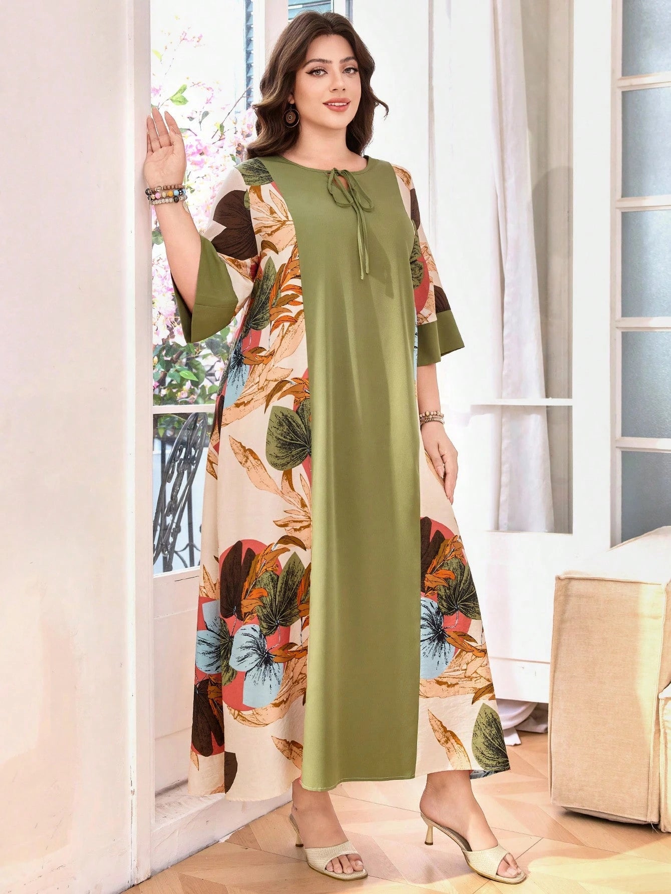 SHEIN Lacomfia Women Plus Size Loose Tie - Waist Arabic Patchwork 3/4 Sleeve Casual Dress Women Summer Dresses Women Maxi Dresses - Negative Apparel