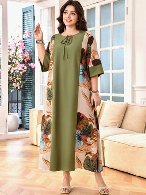 SHEIN Lacomfia Women Plus Size Loose Tie - Waist Arabic Patchwork 3/4 Sleeve Casual Dress Women Summer Dresses Women Maxi Dresses - Negative Apparel