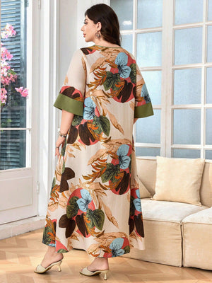 SHEIN Lacomfia Women Plus Size Loose Tie - Waist Arabic Patchwork 3/4 Sleeve Casual Dress Women Summer Dresses Women Maxi Dresses - Negative Apparel