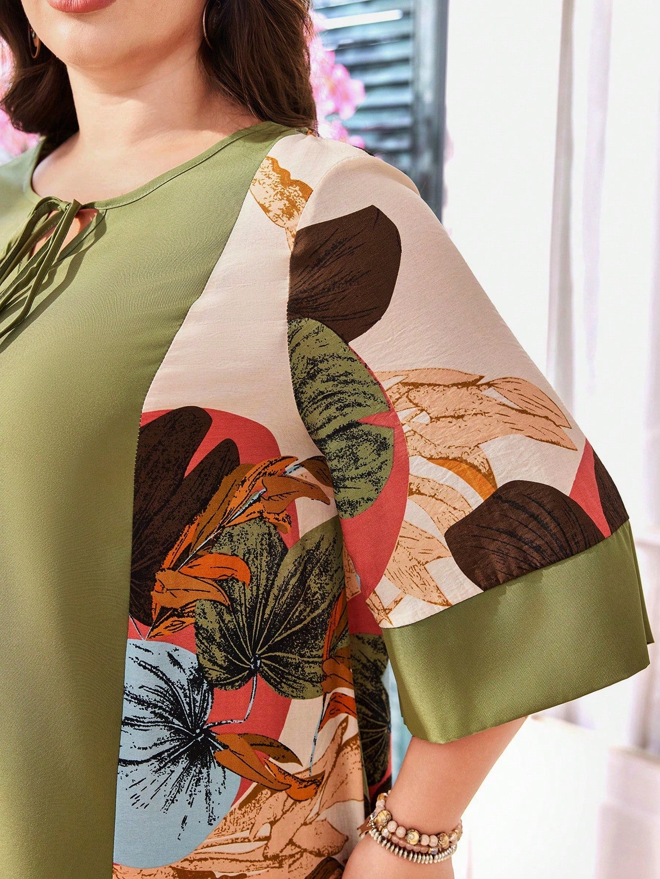 SHEIN Lacomfia Women Plus Size Loose Tie - Waist Arabic Patchwork 3/4 Sleeve Casual Dress Women Summer Dresses Women Maxi Dresses - Negative Apparel