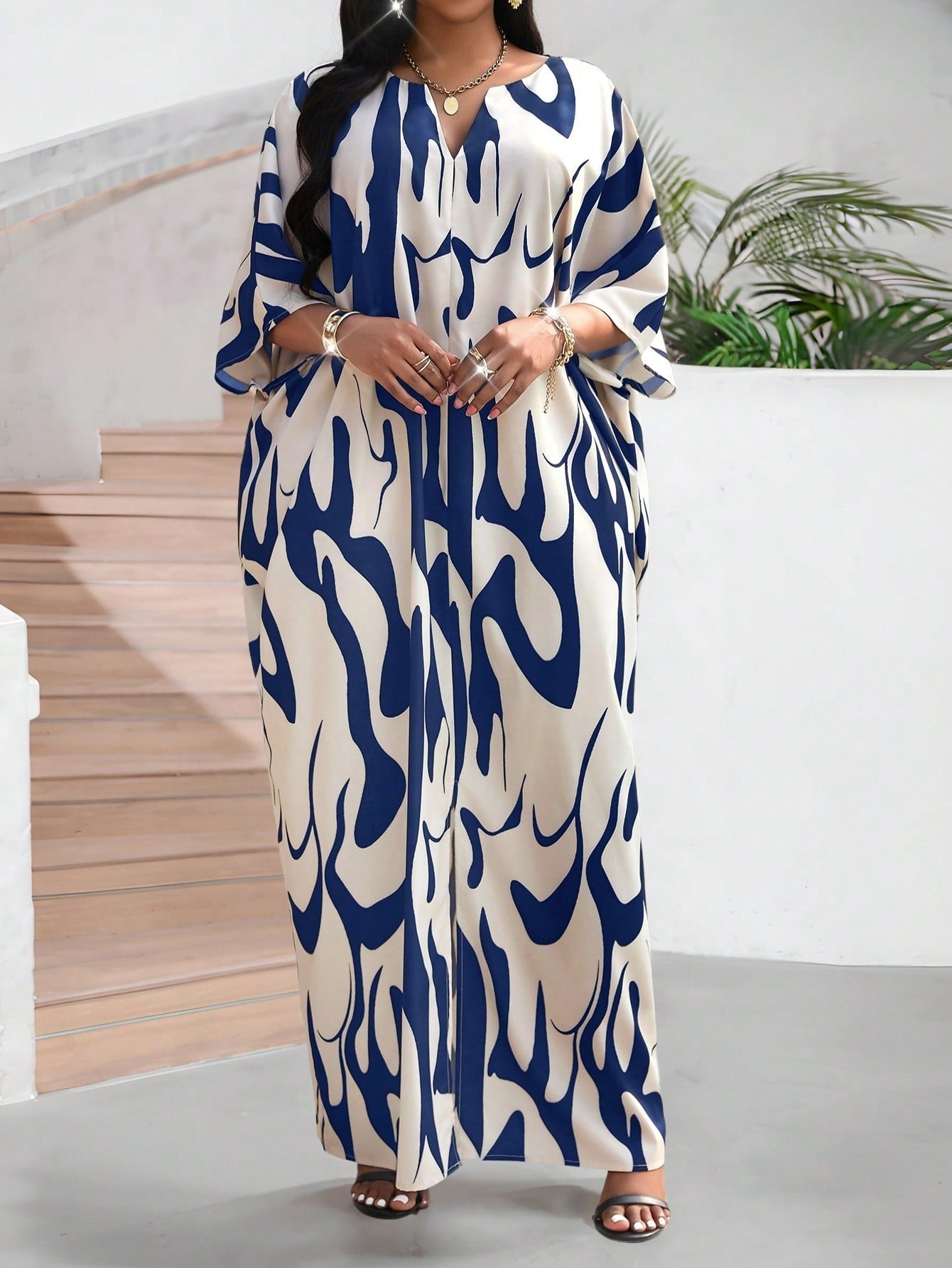 SHEIN Lady Autumn AndCasual Contrast Woven Notched Wrap One Piece Sleeve Maxi Plus Size Dresses Fall Women Outfits Going Out Outfits Women Robes Four Seasonseaster Dress Women Beach Outfits For Woman Business Casual Woman Summer Outfits For Women Summer D - Negative Apparel