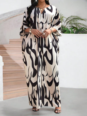 SHEIN Lady Autumn AndCasual Contrast Woven Notched Wrap One Piece Sleeve Maxi Plus Size Dresses Fall Women Outfits Going Out Outfits Women Robes Four Seasonseaster Dress Women Beach Outfits For Woman Business Casual Woman Summer Outfits For Women Summer D - Negative Apparel