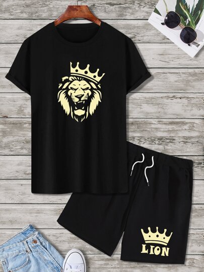 SHEIN Lion King Graphic Printed Tee & Drawstring Waist Shorts Set - Negative Apparel