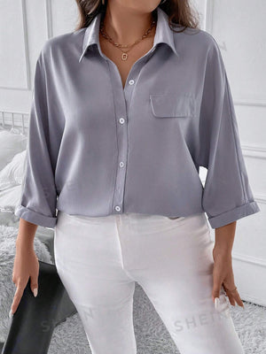 SHEIN LUNE Plus Batwing Sleeve Flap Detail Shirt - Negative Apparel