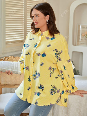 SHEIN LUNE Plus Vertical Striped & Floral Print Flounce Sleeve Blouse - Negative Apparel