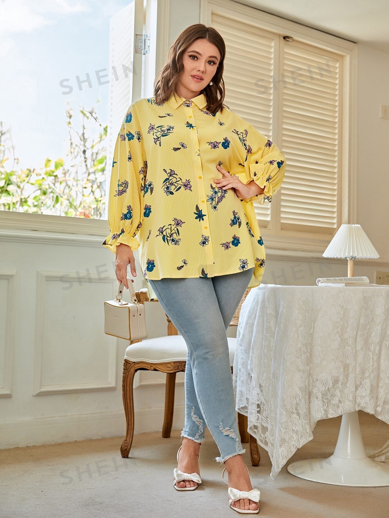 SHEIN LUNE Plus Vertical Striped & Floral Print Flounce Sleeve Blouse - Negative Apparel