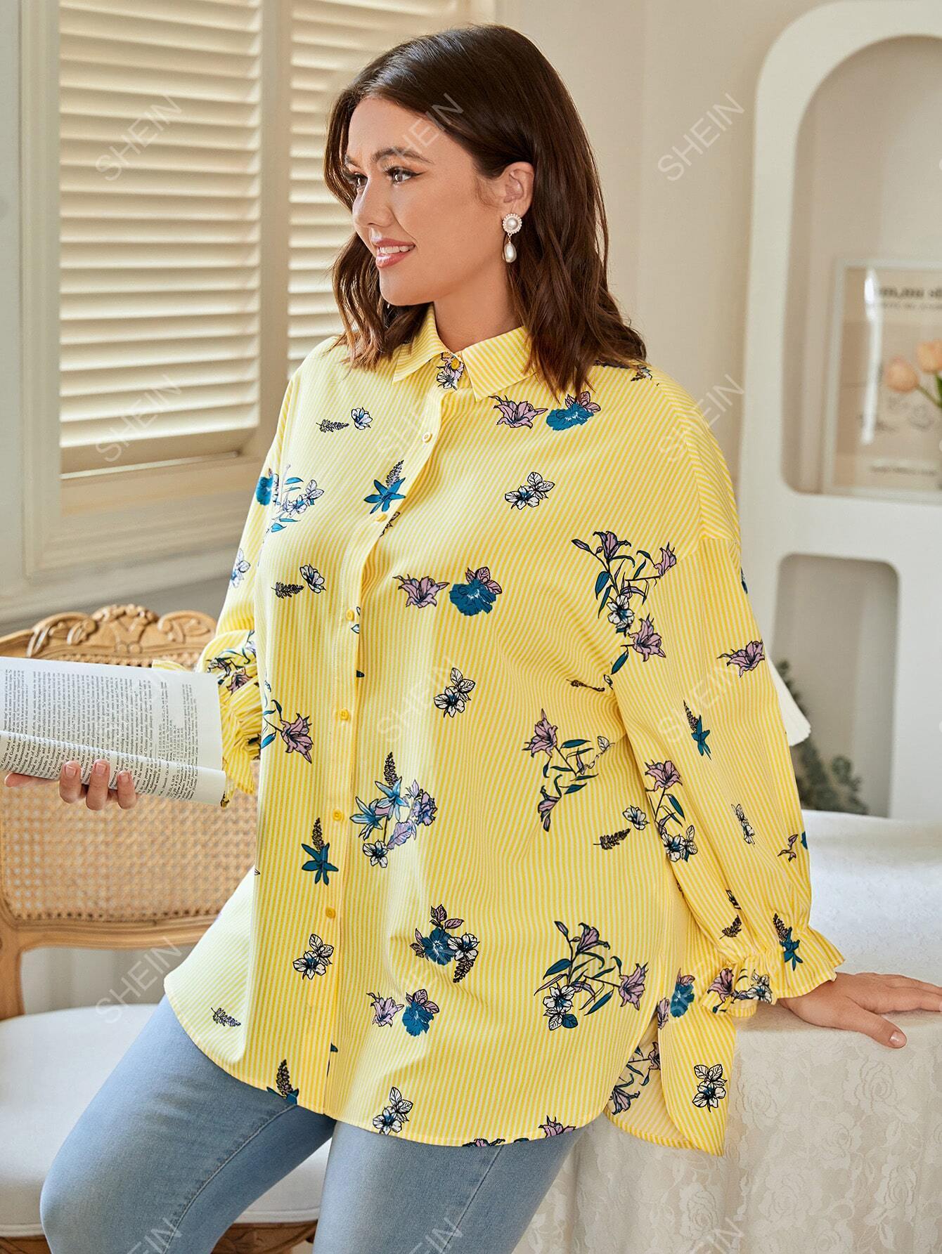 SHEIN LUNE Plus Vertical Striped & Floral Print Flounce Sleeve Blouse - Negative Apparel
