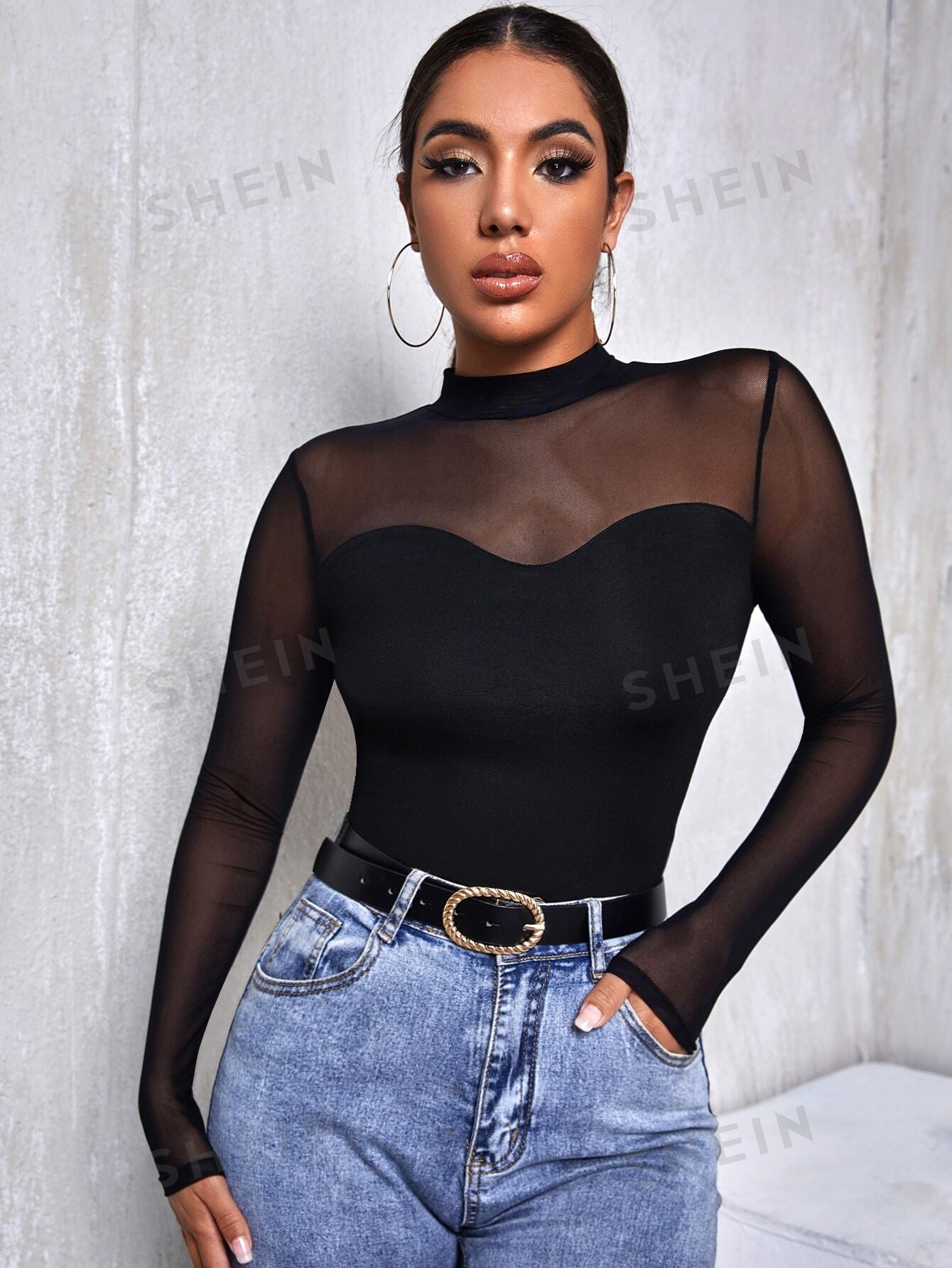 SHEIN Mesh Yoke Solid Tee - Negative Apparel