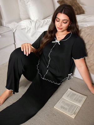 SHEIN Minimalist Casual V - Neck Design Contrast Striped White Bow Detail Soft Thin Milk Silk Fabric Pajama Set, Plus Size Short Sleeve Top & Pants, Outfits - Negative Apparel