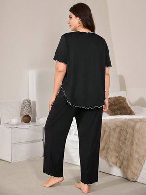 SHEIN Minimalist Casual V - Neck Design Contrast Striped White Bow Detail Soft Thin Milk Silk Fabric Pajama Set, Plus Size Short Sleeve Top & Pants, Outfits - Negative Apparel