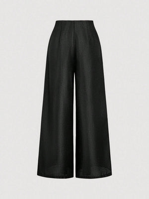 SHEIN MOD Women's Pleated Loose Solid Color Tweed Elegant Wide Leg Pants In Fall/Winter - Negative Apparel