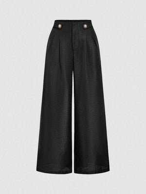 SHEIN MOD Women's Pleated Loose Solid Color Tweed Elegant Wide Leg Pants In Fall/Winter - Negative Apparel