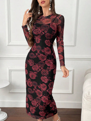 SHEIN Modely Floral Print Round Neck Bodycon Long Sleeve Dress - Negative Apparel