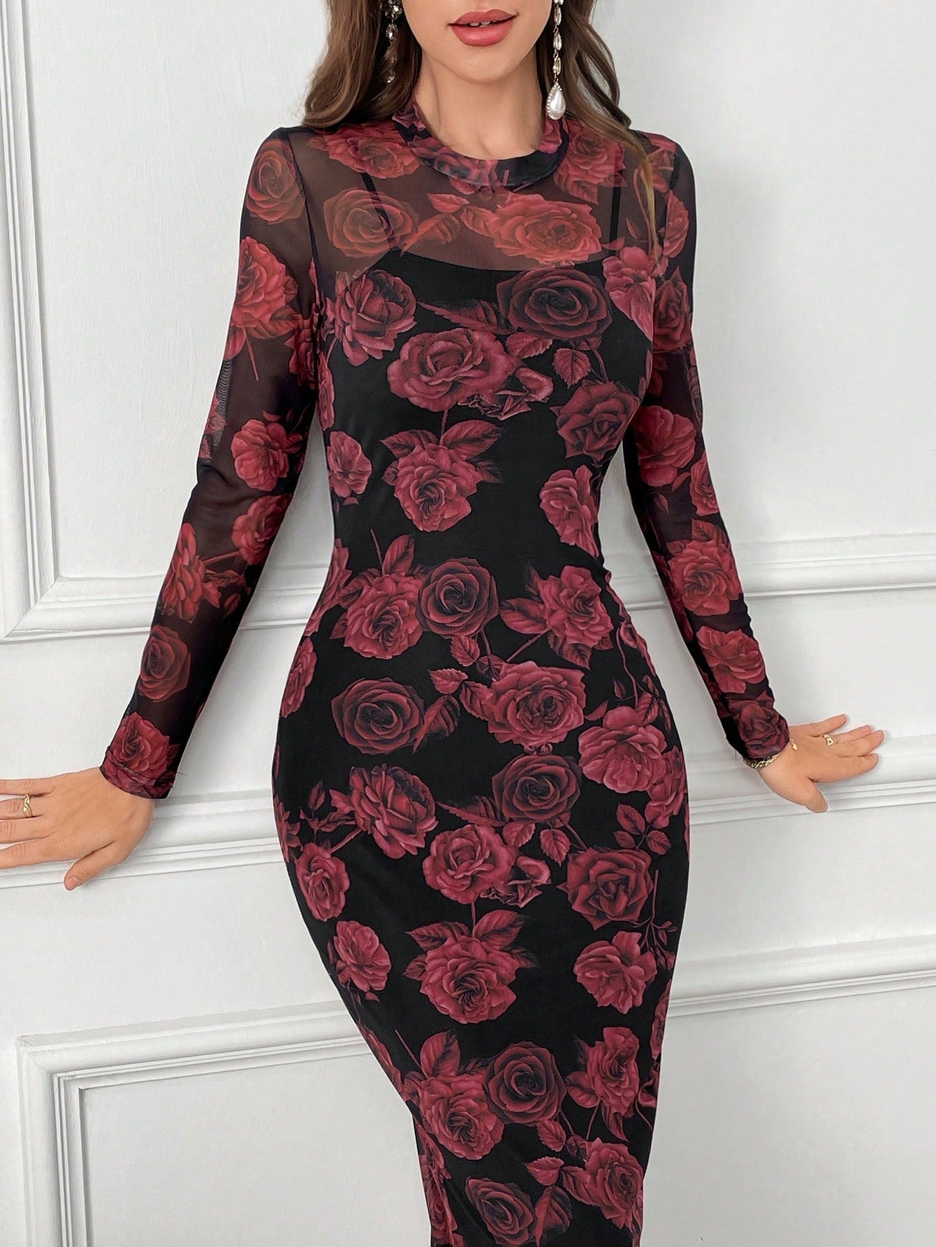 SHEIN Modely Floral Print Round Neck Bodycon Long Sleeve Dress - Negative Apparel