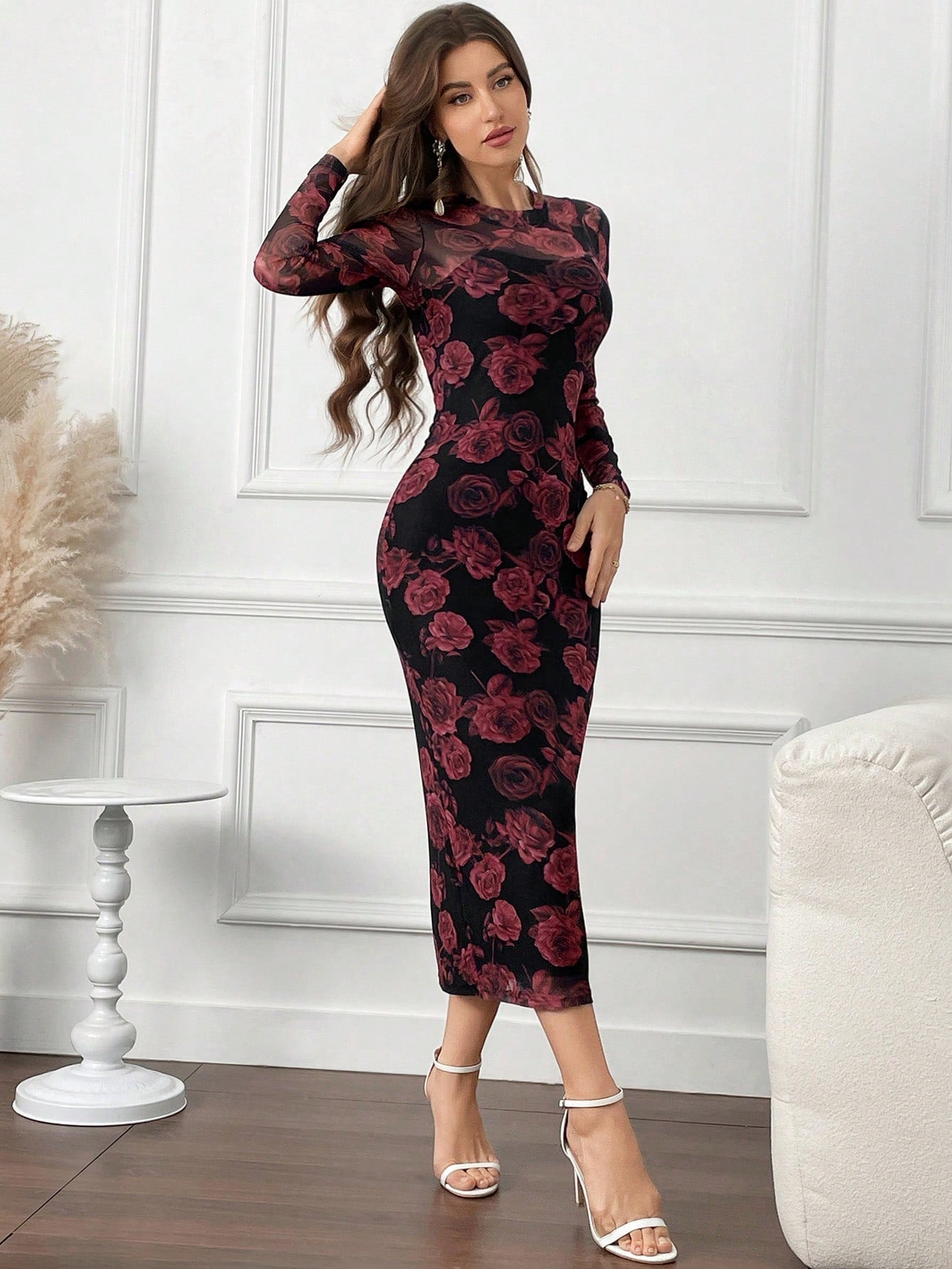 SHEIN Modely Floral Print Round Neck Bodycon Long Sleeve Dress - Negative Apparel