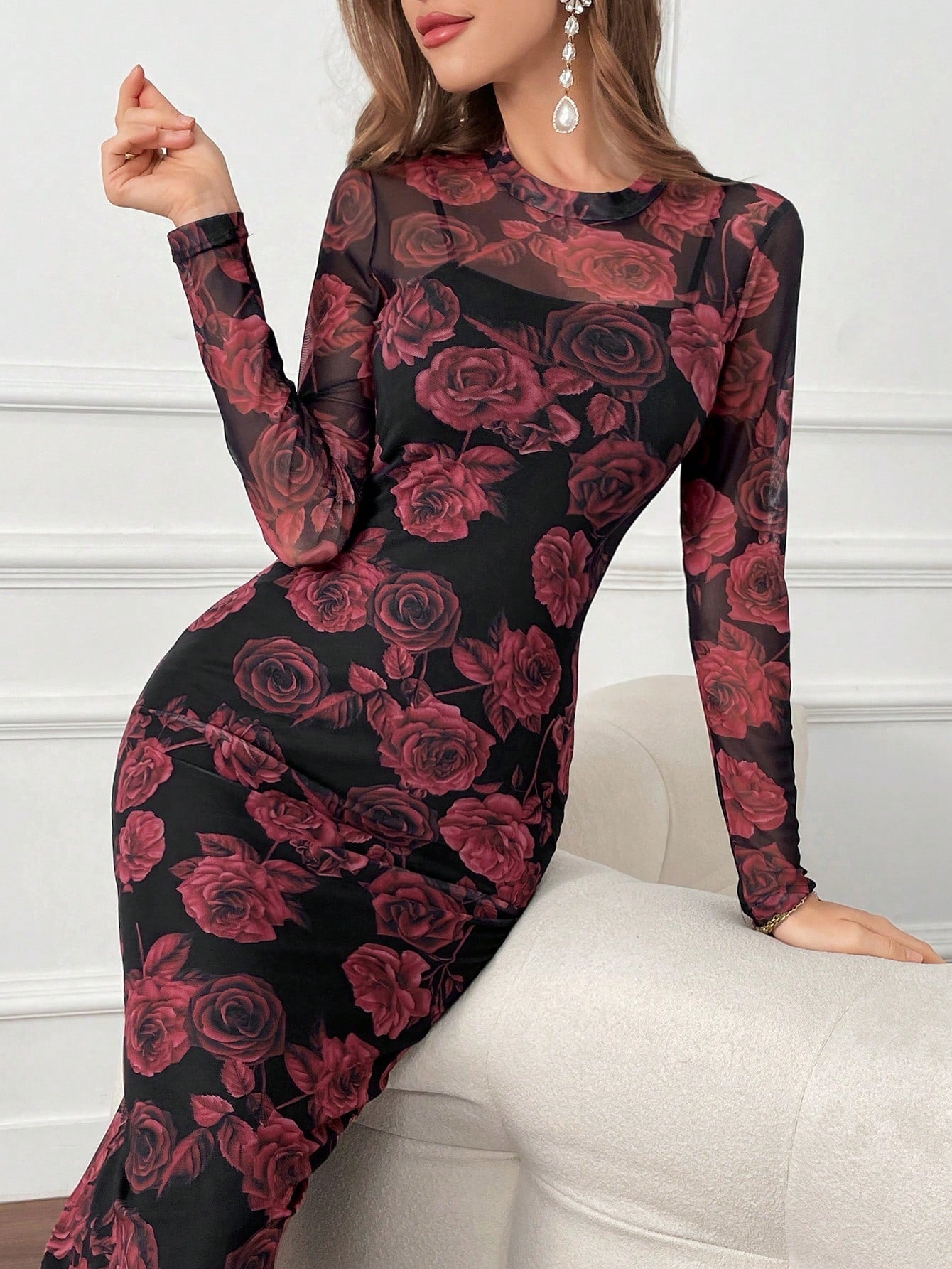 SHEIN Modely Floral Print Round Neck Bodycon Long Sleeve Dress - Negative Apparel