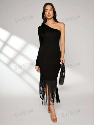 SHEIN Modely One Shoulder Tassel Hem Dress - Negative Apparel