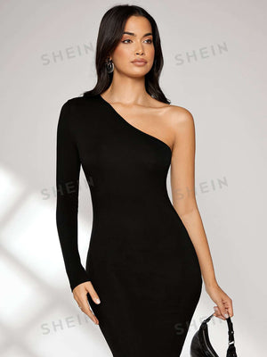 SHEIN Modely One Shoulder Tassel Hem Dress - Negative Apparel