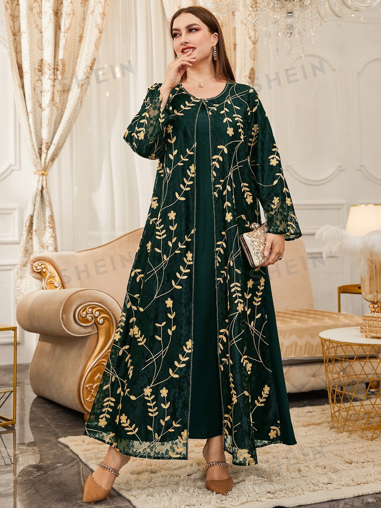 SHEIN Modely Plus Flower Embroidered Contrast Lace Overlay Tunic Dress - Negative Apparel