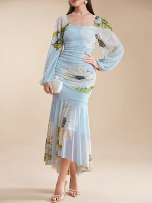 SHEIN Modely Women Fashionable And Elegant Square Collar Printed Long Dress With Waist - Negative Apparel