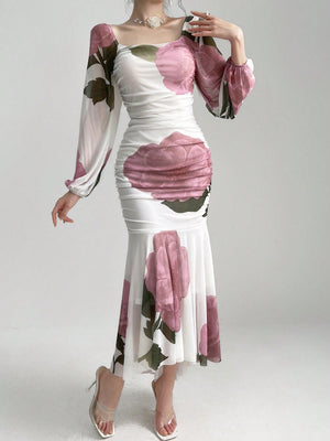 SHEIN Modely Women Fashionable And Elegant Square Collar Printed Long Dress With Waist - Negative Apparel