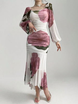 SHEIN Modely Women Fashionable And Elegant Square Collar Printed Long Dress With Waist - Negative Apparel