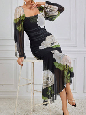 SHEIN Modely Women Fashionable And Elegant Square Collar Printed Long Dress With Waist - Negative Apparel