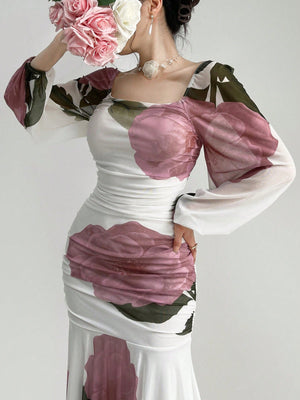 SHEIN Modely Women Fashionable And Elegant Square Collar Printed Long Dress With Waist - Negative Apparel