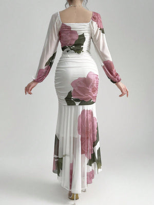 SHEIN Modely Women Fashionable And Elegant Square Collar Printed Long Dress With Waist - Negative Apparel